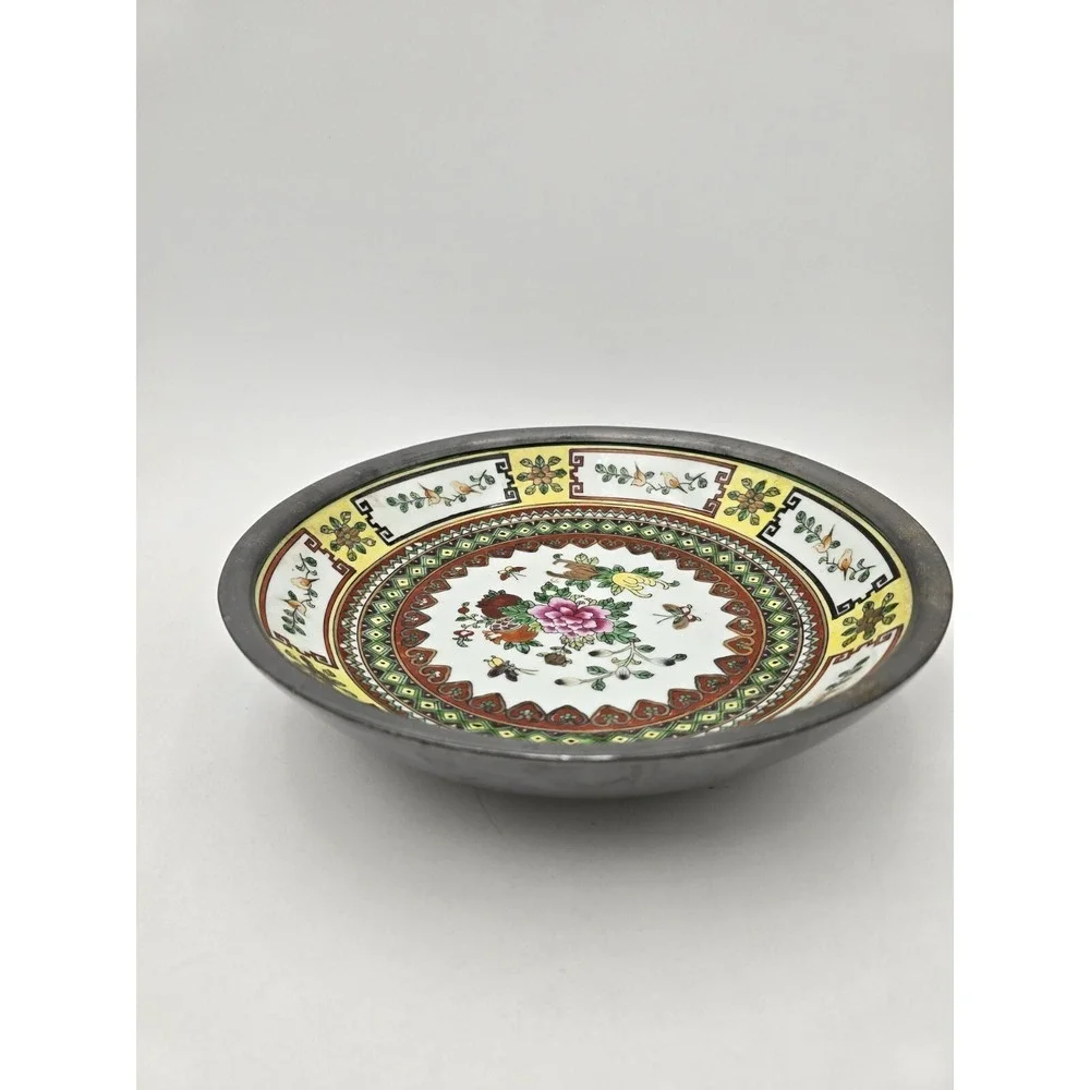 China Porcelain Hand Painted Floral Decorative Bowl Encased‎ in Pewter 9